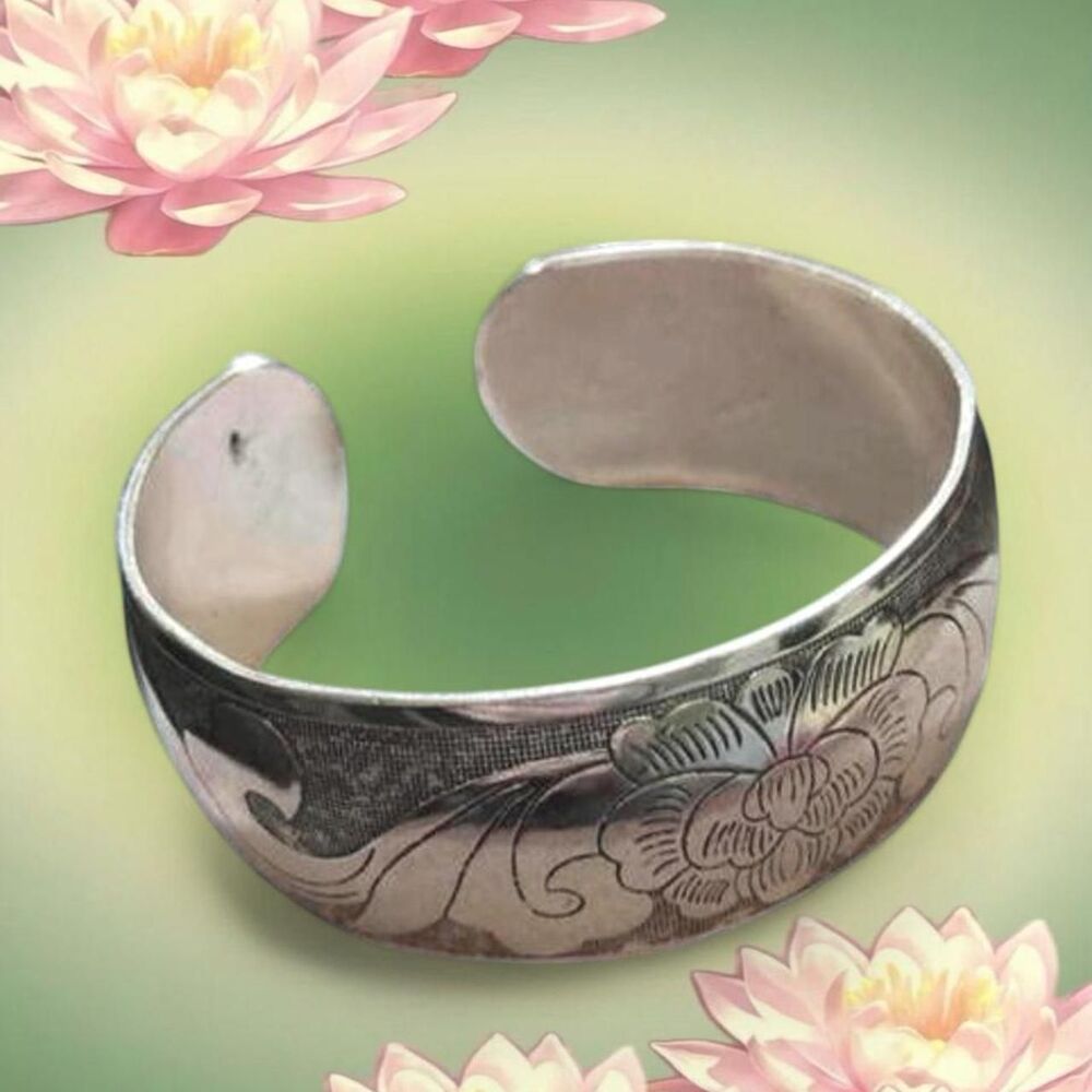 whimsical antique style silver plated lotus cuff bracelet